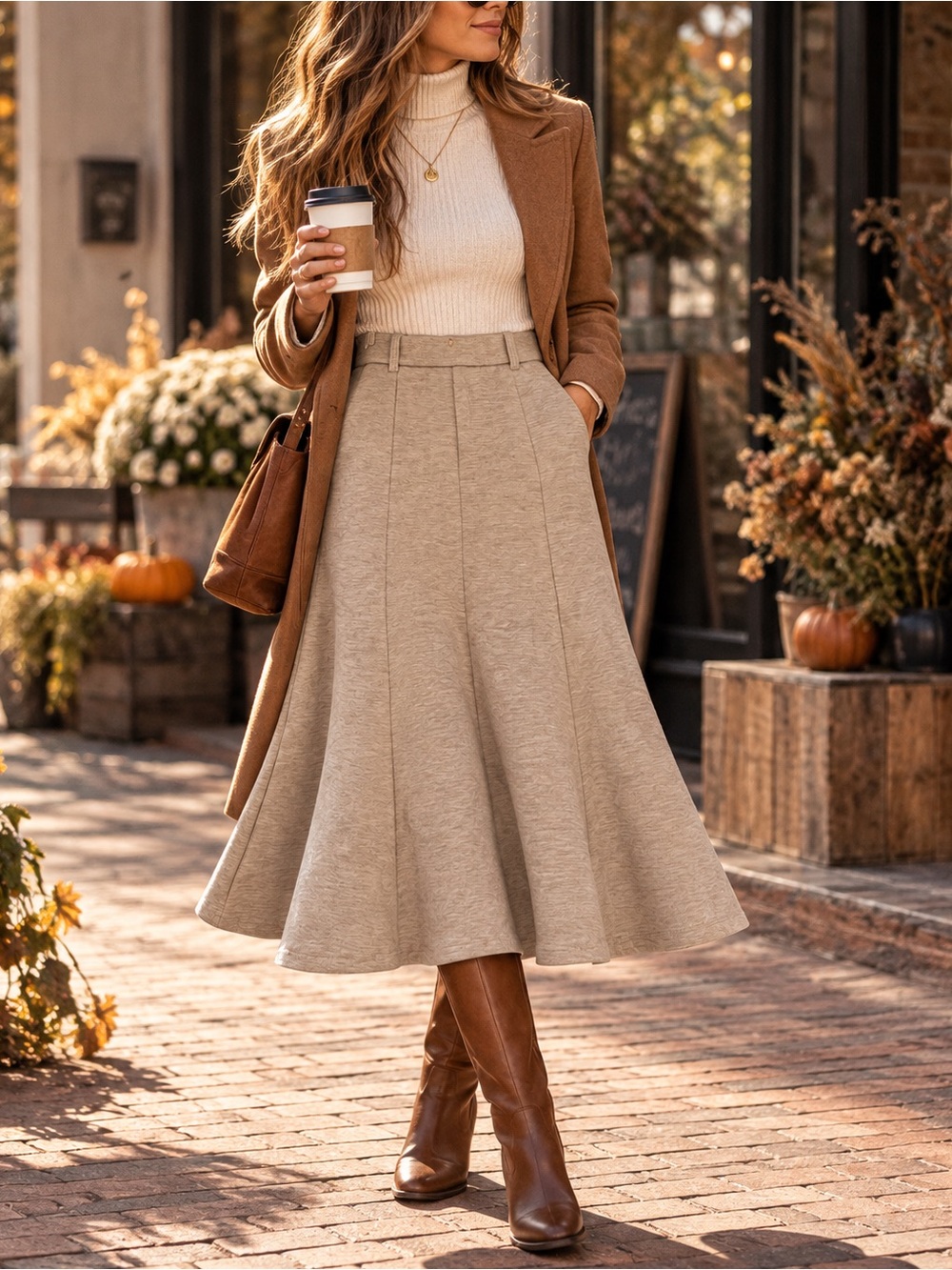 OGL NWT Beige Heathered Flare Midi Skirt XS